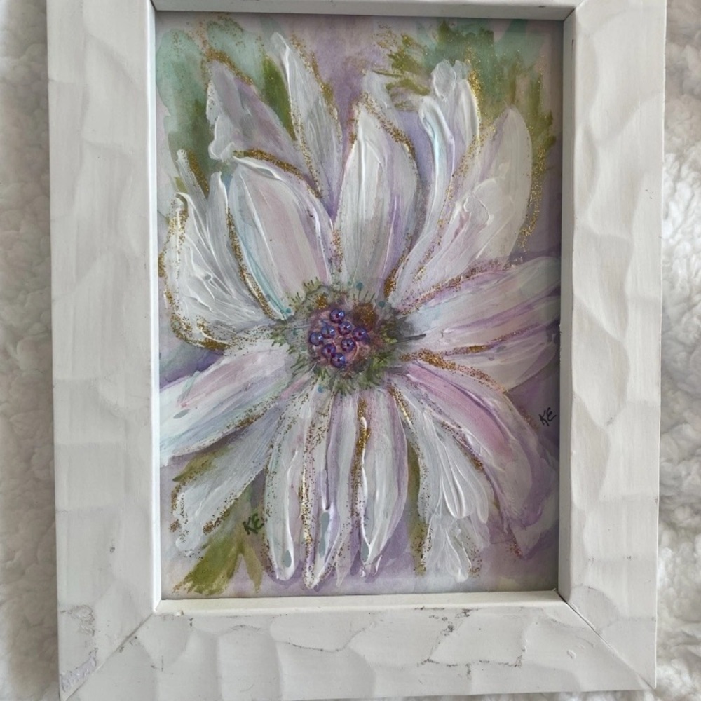 White, pastel textured mixed media floral painting  Framed 9x7 inches OOAK - Picture 5 of 6